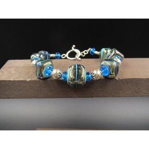 8" Sterling Silver Colorful Multi Color Glass Bracelet Vintage Elegant Beautiful